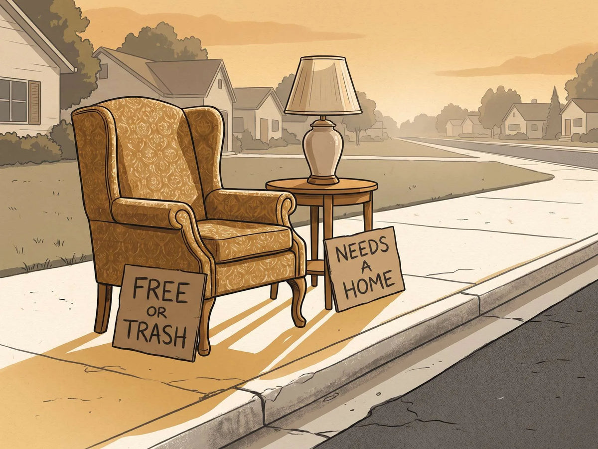Illustration of an upholstered armchair and lamp set at a suburban curb at golden hour with two hand-lettered signs