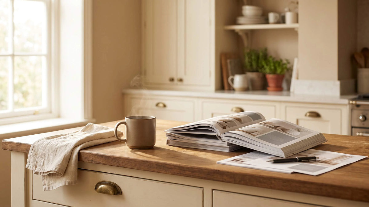 Warm sunlit home kitchen in cream and gold tones with a steaming ceramic mug and stacks of open product catalogs on a wooden counter