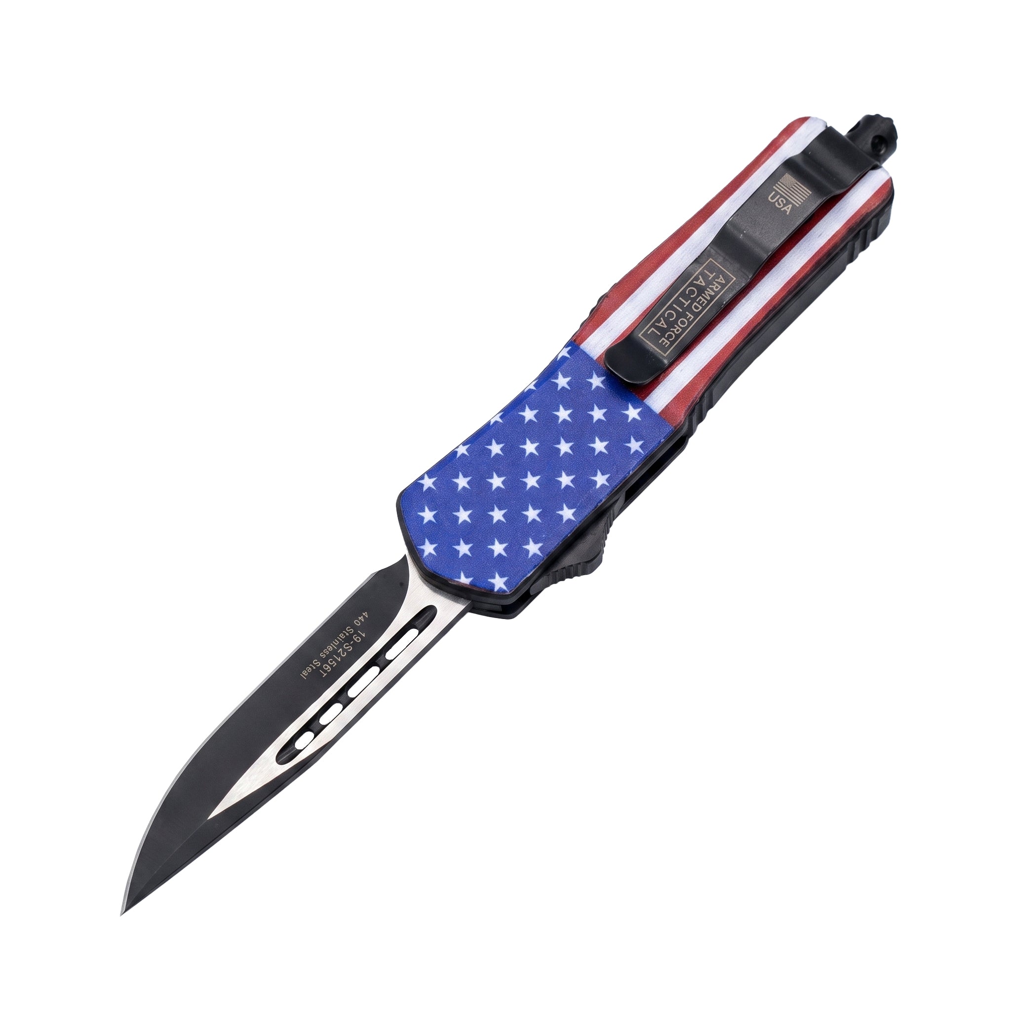 Armed Force Tactical 7 Inch Automatic OTF Knife with American Flag Handle and Drop Point Blade