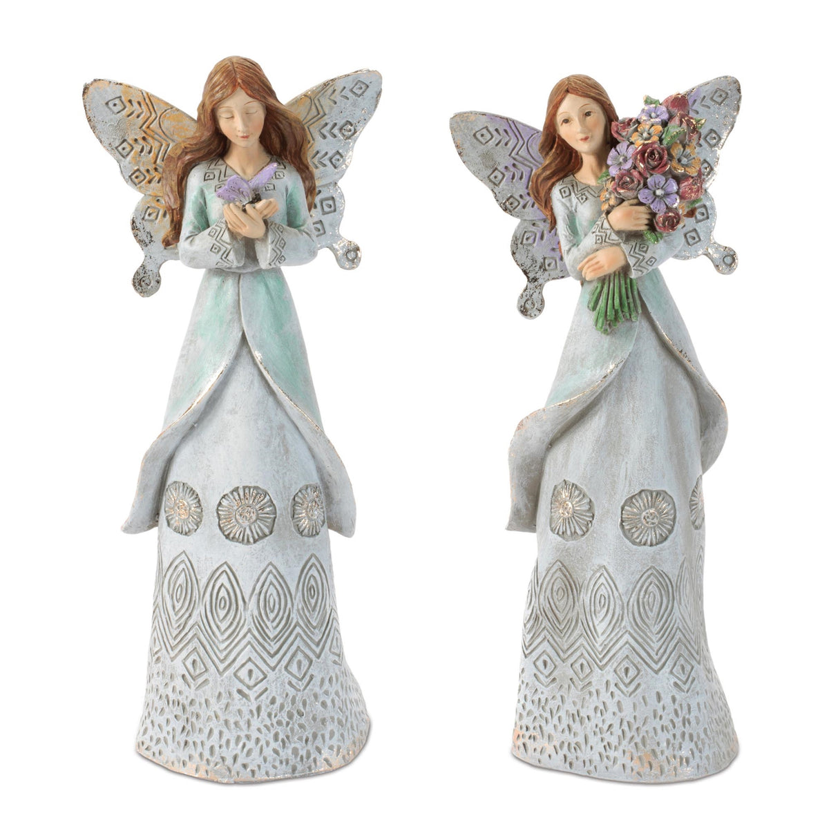 Two soft grey resin angel figurines with etched butterfly wings and metallic accents, one holding a butterfly and one holding a flower bouquet
