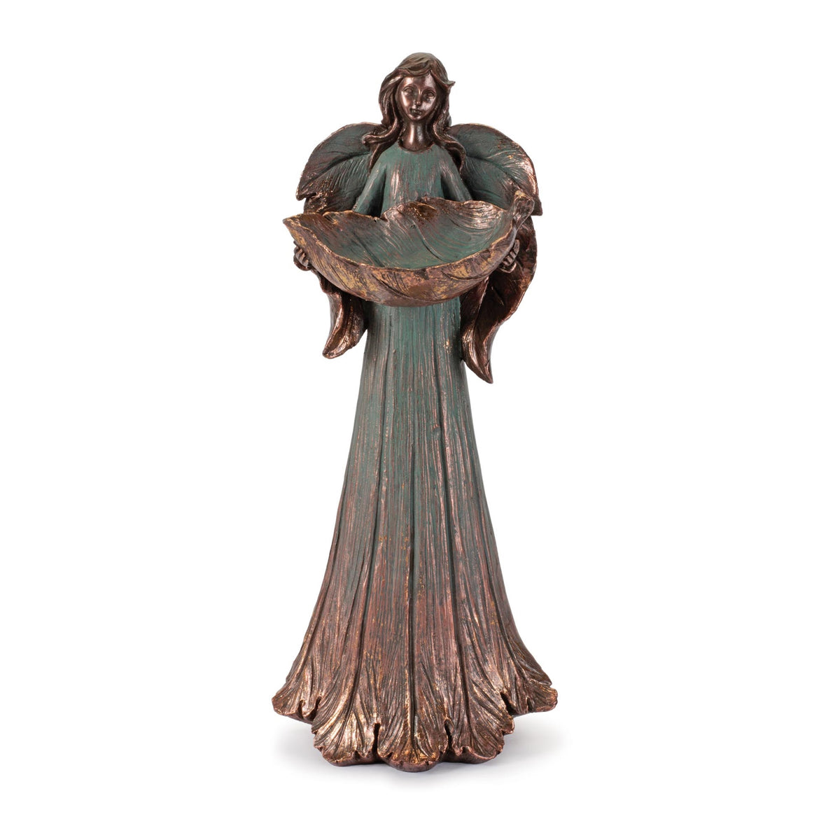 Set of 2 resin angel statues in gold and green, each with flowing robes and sculpted wings, holding a leaf-shaped bowl