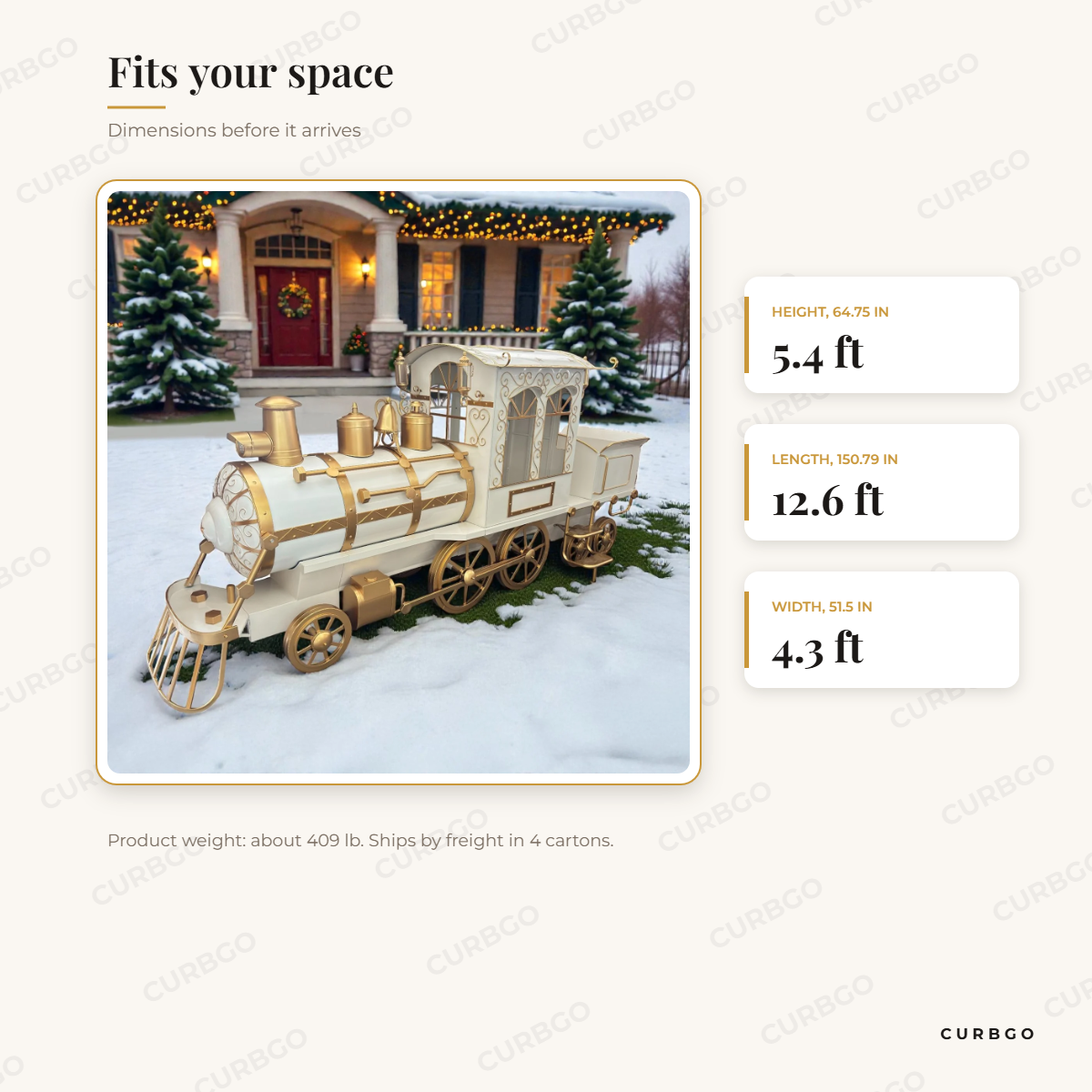 White and Gold North Pole Express Train dimensions: 150.79 in L x 51.5 in W x 64.75 in H