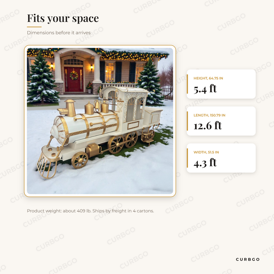 White and Gold North Pole Express Train dimensions: 150.79 in L x 51.5 in W x 64.75 in H