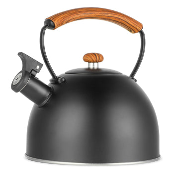MegaChef MGKTL-375BLK matte black stainless steel whistling stovetop tea kettle with wood-grain nylon handle