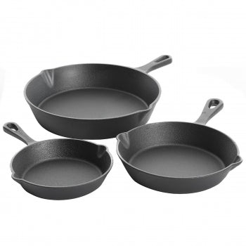 Gibson Home Brickstone 3-piece pre-seasoned black cast iron skillet set in 6, 8 and 10 inch sizes with dual pour spouts