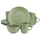 Gibson Home Everyday Plus 12-piece round matte green stoneware dinnerware set with dinner plates, bowls and mugs