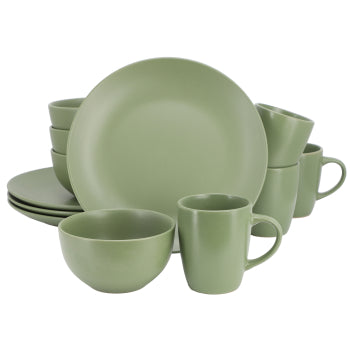 Gibson Home Everyday Plus 12-piece round matte green stoneware dinnerware set with dinner plates, bowls and mugs
