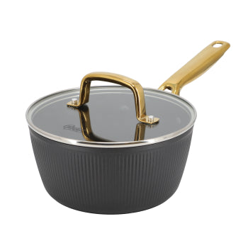 Oster Abbottsford 2.5 quart matte black nonstick aluminum saucepan with vented glass lid and gold-tone stainless steel handle