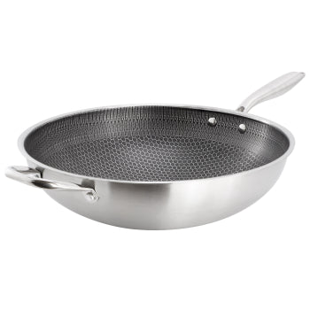 Gibson Home Stargaze 14 inch stainless steel wok, induction ready, embossed textured interior, riveted long handle and helper handle