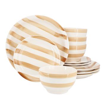 Gibson Home Kenwood Shores 12-piece hand-painted stoneware dinnerware set in sand stripe with dinner plates, dessert plates and cereal bowls