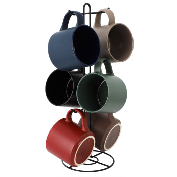 Gibson Home Dutch Yard 7 Piece 16oz Stoneware Mug Set with Metal Rack in Multi-Color
