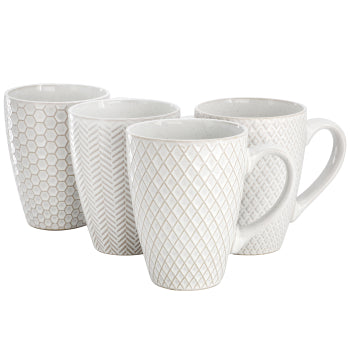 Gibson Elite Earlhart 4 Piece 16 Ounce Stoneware Assorted Pattern Mug Set in White