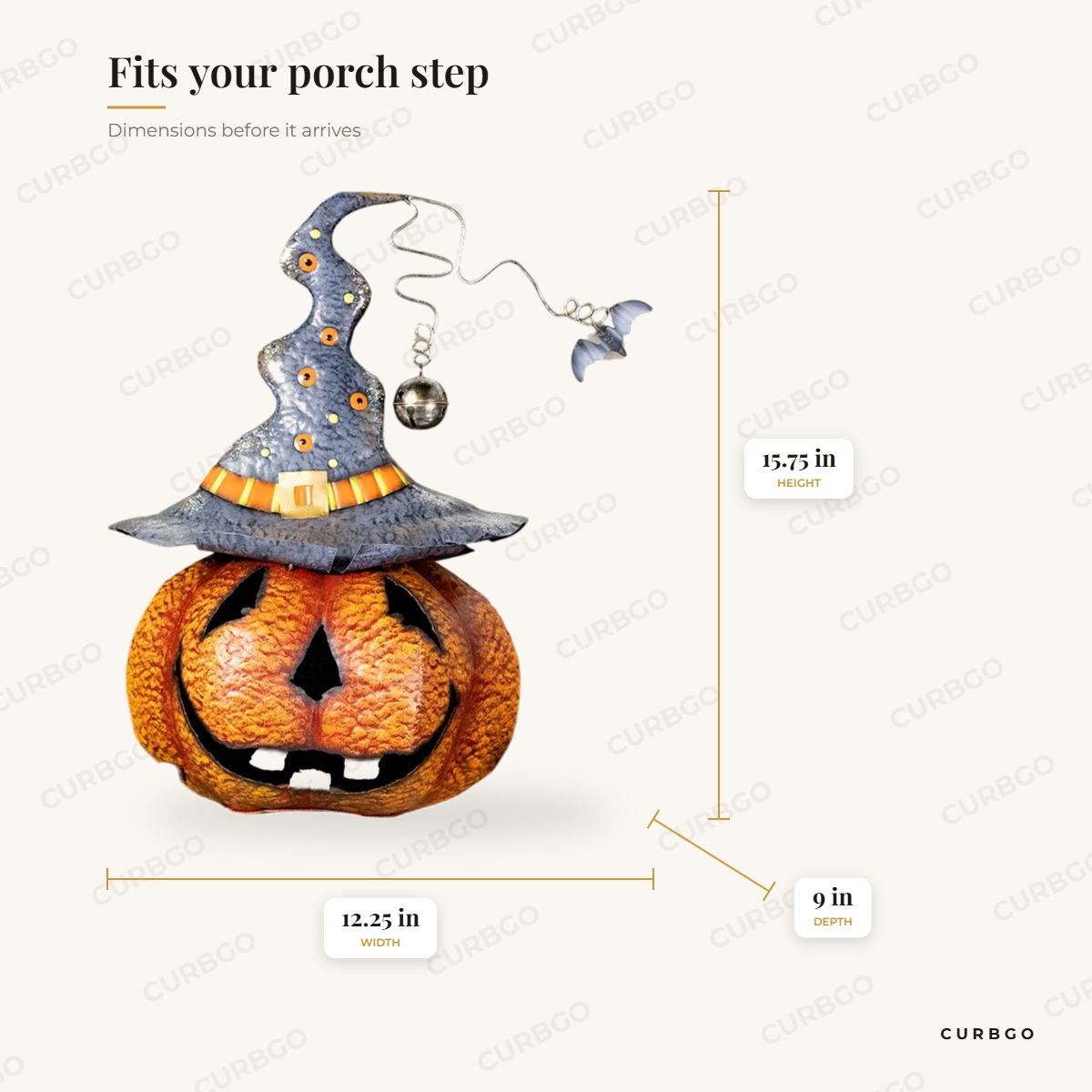 15.75 Tall Witch Hat Wearing Jack-O-Lantern Figurine Gideon Gourd dimensions: 15.75 in H x 12.25 in W x 9 in D