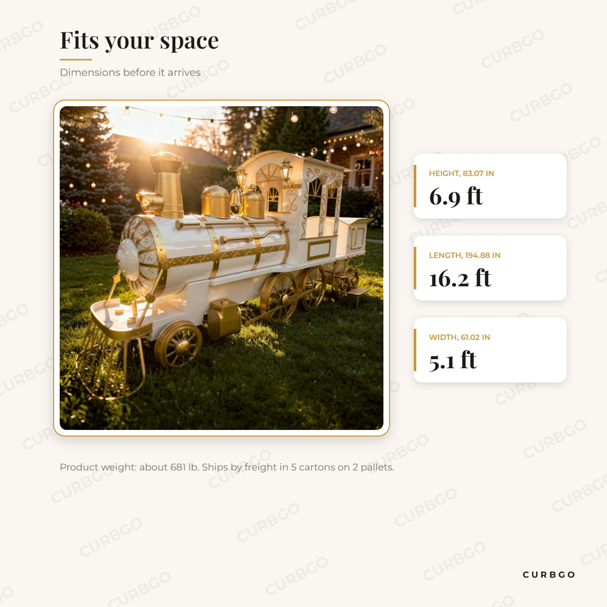 White and Gold Flying Santa Train dimensions: 194.88 in L x 61.02 in W x 83.07 in H