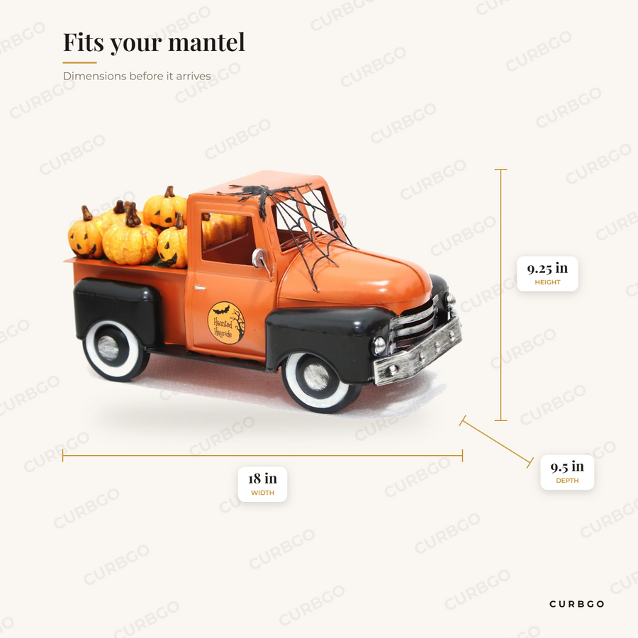 18 Haunted Hayride Halloween Truck with Spiderweb & Pumpkins dimensions: 9.25 in H x 18 in W x 9.5 in D