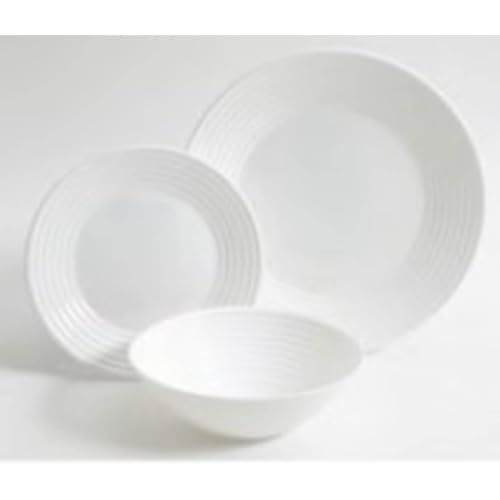 Gibson Ultra Patio white glass dinner plate, dessert plate and bowl grouped together as one place setting