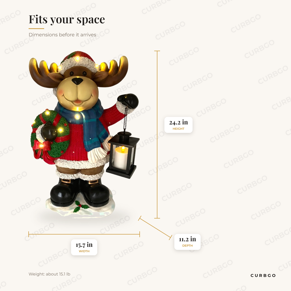 Light-Up Christmas Moose dimensions: 24.2 in H x 15.7 in W x 11.2 in D