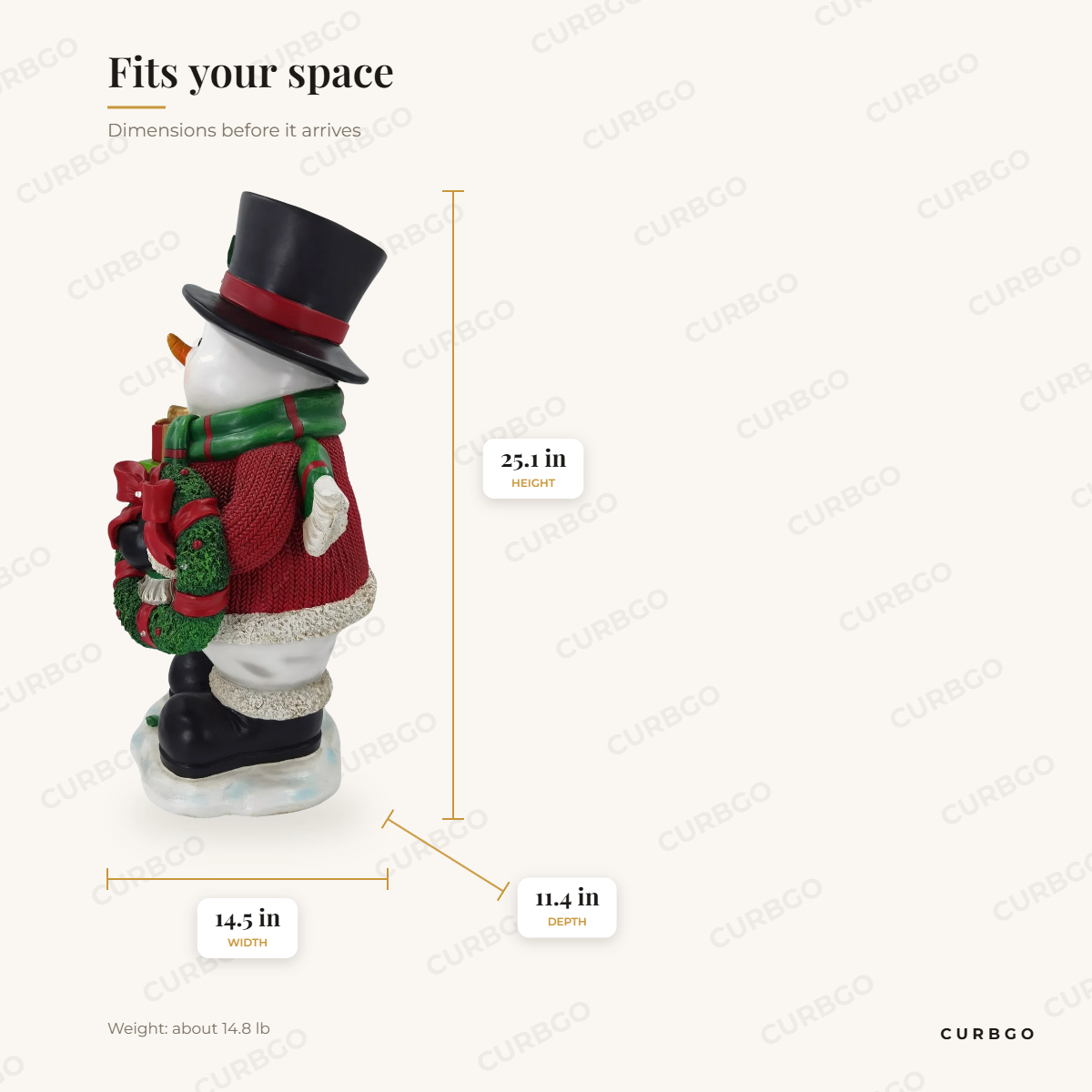 Light-Up Polyresin Snowman dimensions: 25.1 in H x 14.5 in W x 11.4 in D