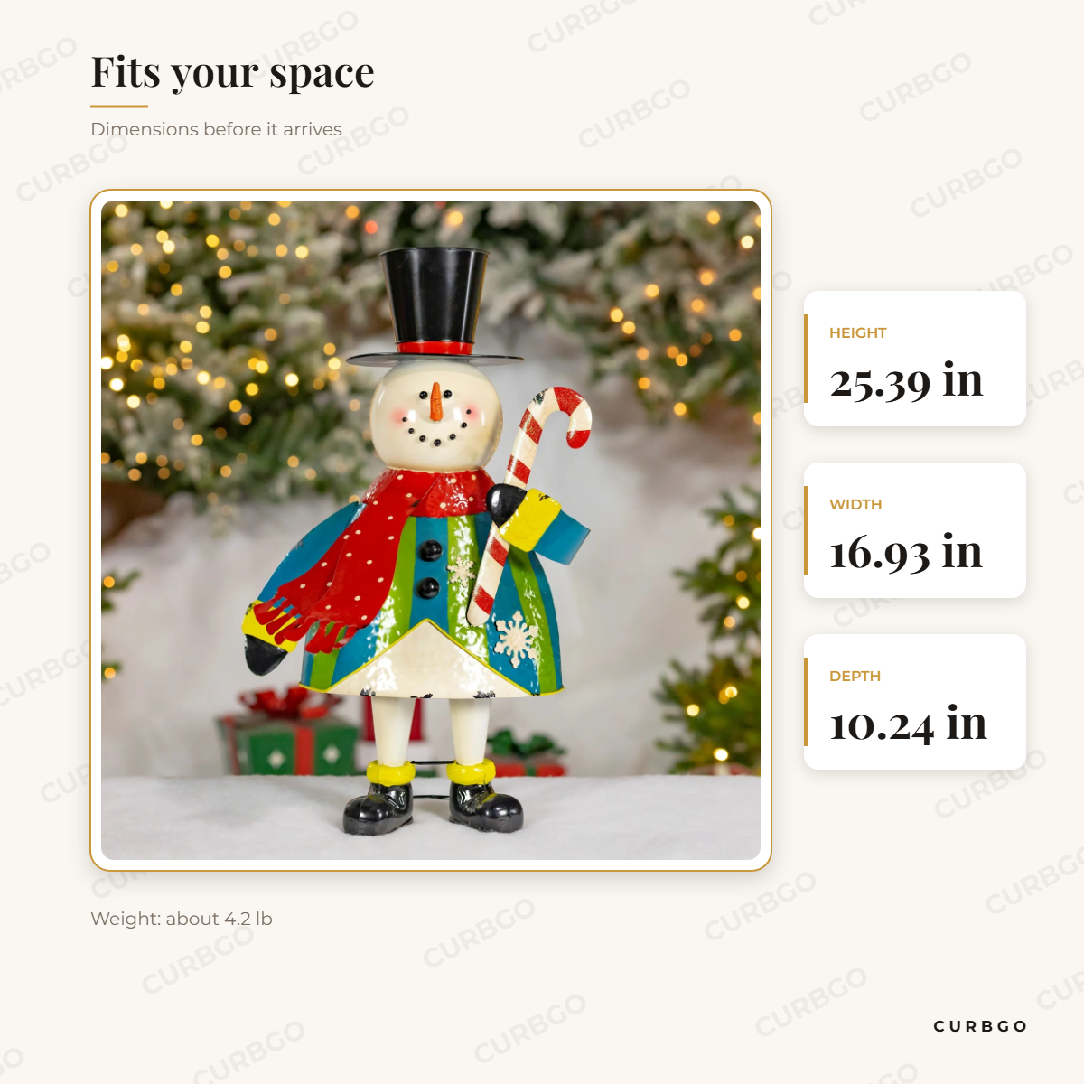 Jingle-Jangle Iron Snowman dimensions: 25.39 in H x 16.93 in W x 10.24 in D