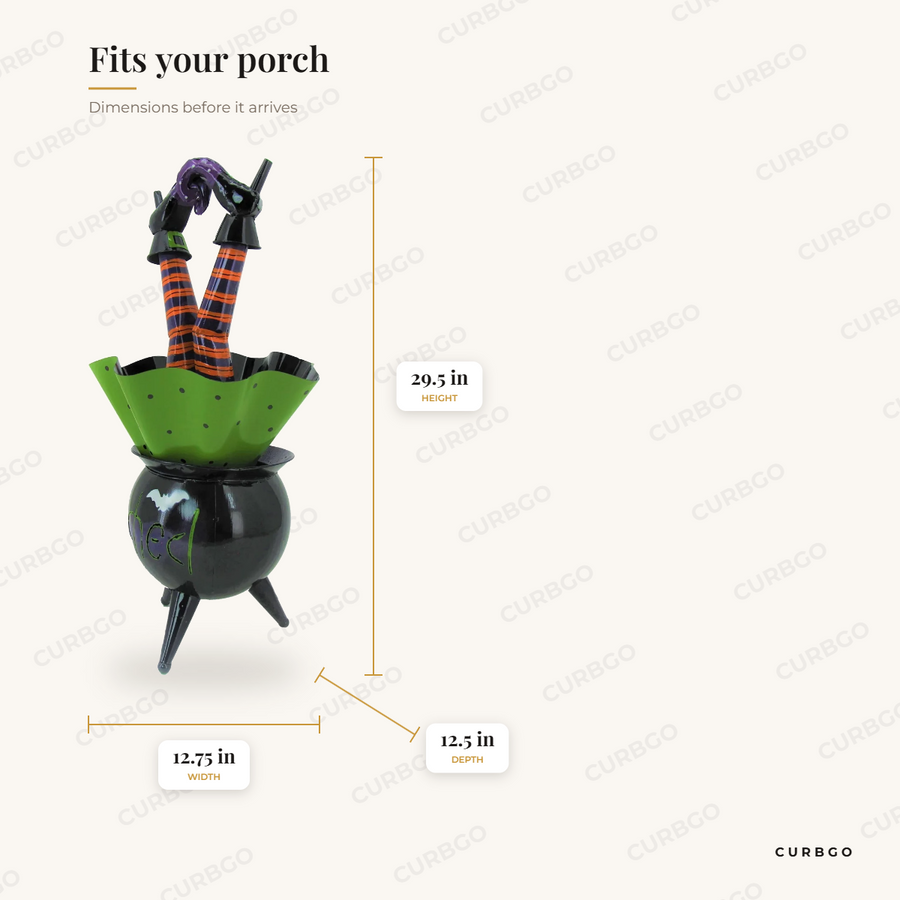 29.25 Tall Metal Bewitched Cauldron with Witch Legs Decoration dimensions: 29.5 in H x 12.75 in W x 12.5 in D
