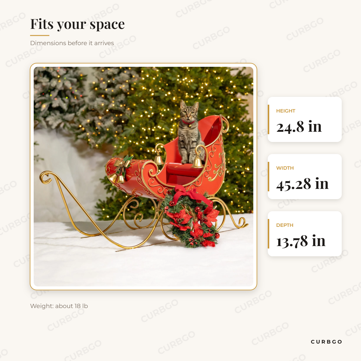 Joyeux Noël Sleigh dimensions: 24.8 in H x 45.28 in W x 13.78 in D