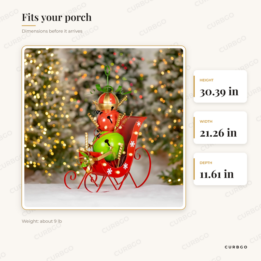 Small Jingle Bell Sleigh dimensions: 30.39 in H x 21.26 in W x 11.61 in D