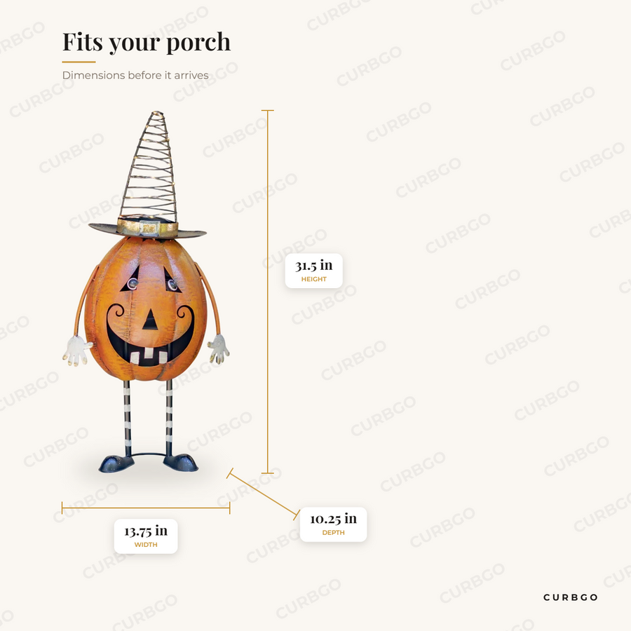 31.5 Tall Jack-O-Lantern Halloween Figurine with LED Witch's Hat dimensions: 31.5 in H x 13.75 in W x 10.25 in D