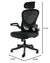 Elama black and gray ergonomic mesh office chair with dimension lines: 23.82 in wide, 25.98 in deep, 47.63 in tall