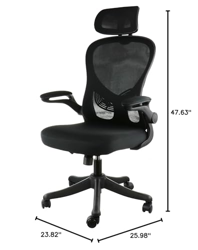 Elama black and gray ergonomic mesh office chair with dimension lines: 23.82 in wide, 25.98 in deep, 47.63 in tall