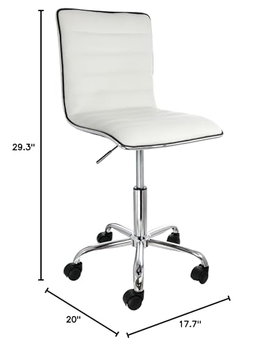 Elama white striped rolling office chair dimensions: 20 in wide, 17.7 in deep, 29.3 in tall at the lowest setting