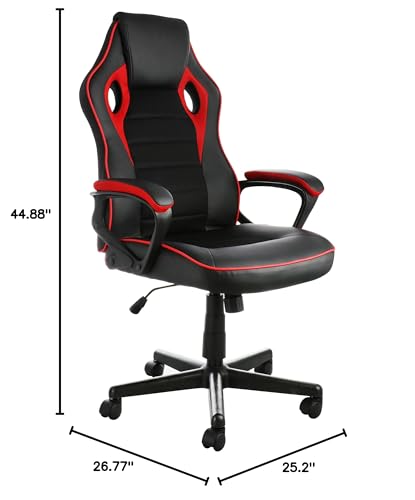 Elama black and red high back office chair with dimension lines: 26.77 in wide, 25.2 in deep, 44.88 in tall