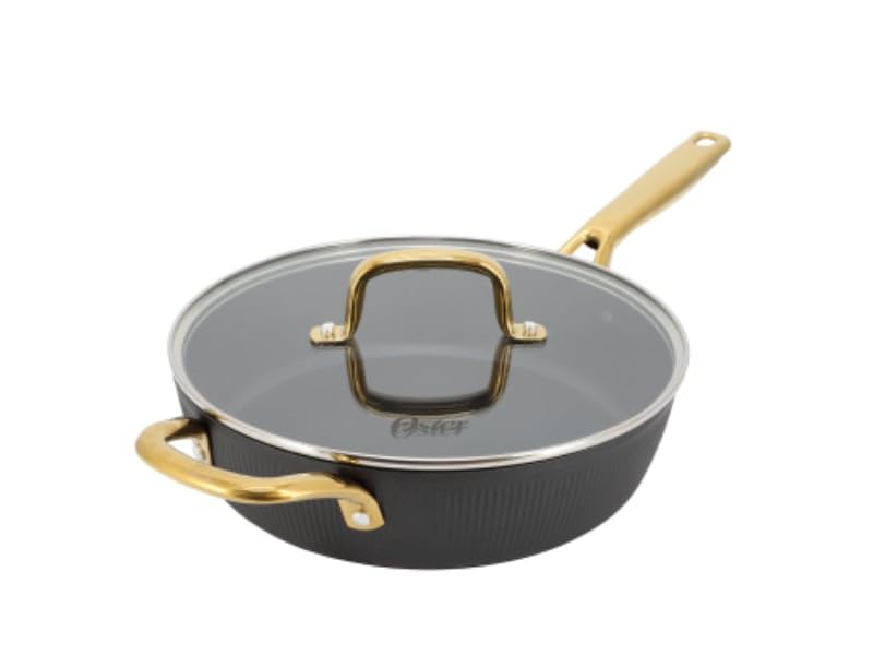 Oster Abbottsford aluminum non-stick saute pan with glass lid in matte black with gold accents