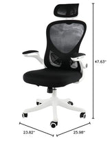 Elama white and black ergonomic mesh office chair with dimension lines: 23.82 in wide, 25.98 in deep, 47.63 in tall