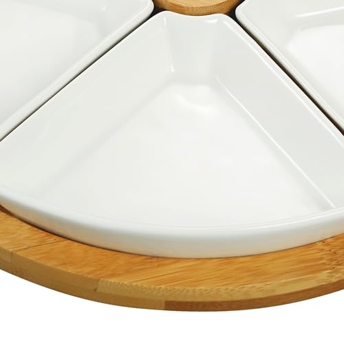 Elama Signature 7 Piece Appetizer Serving Set with 5 Stoneware Serving Dishes, Center Toothpick Holder and Bamboo Serving Tray, White and Natural