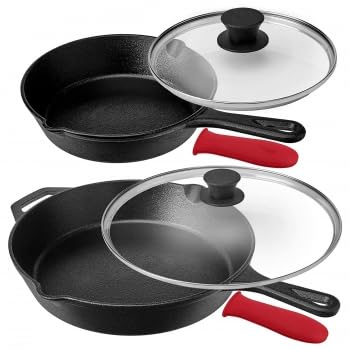MEGACHEF MCCI-460 6 Piece PRE-Seasoned CAST Iron Skillet Set with LIDS RED Silicone HO