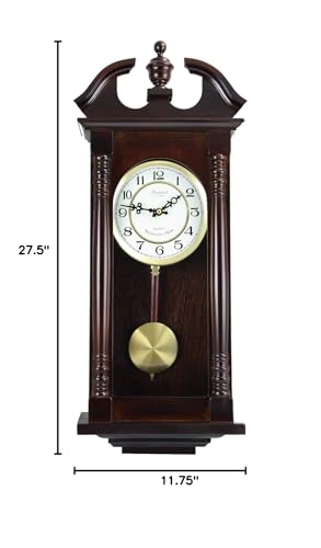Bedford Clock Collection Classic 27.5" Cherry Oak Chiming Wall Clock with Swinging Pendulum – Quartz Westminster Chimes & Metal Dial