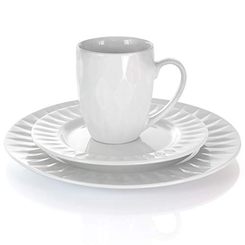 Elama Sienna white porcelain mug stacked on the dessert plate and dinner plate, embossed diamond pattern