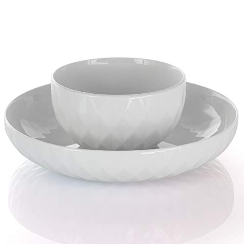 Elama Sienna 18-piece glossy white porcelain dinnerware set for 4, embossed diamond bowl nested in a serving bowl