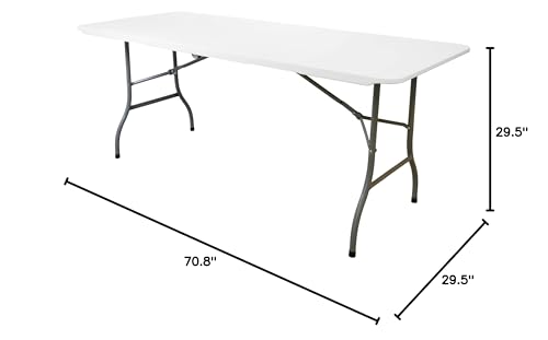 6 Ft Plastic Folding Table, White with Steel Legs and Carry Handle, by Elama