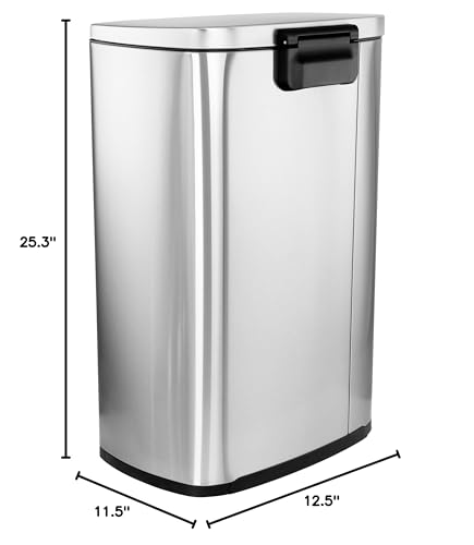 Stainless Steel Step Trash Can, 13 Gallon (50 L) Rectangular with Slow-Close Lid, Matte Silver, by Elama