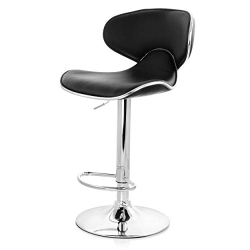 Elama Modern Slim Faux Leather Adjustable Bar Stool Set of 2 – Black with Chrome Swivel Base, Slanted Arm Rests, Contoured Back & 360° Counter / Bar Height Lift