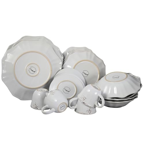Elama Fleur De Lys 20-Piece Stoneware Dinnerware Set – White Distressed Glazed Service for 4