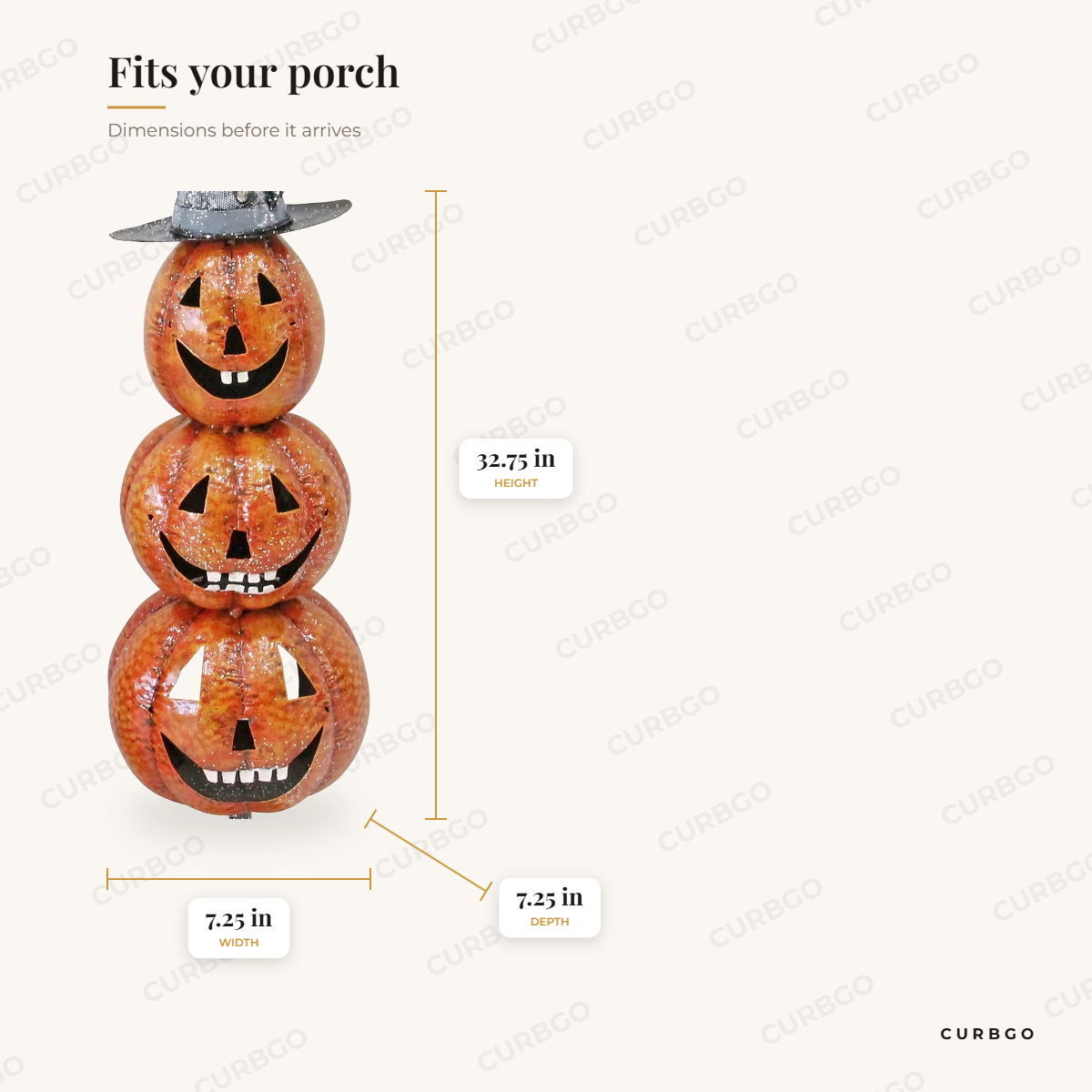32.75 Metal Jack-O-Lantern Totem Tower Halloween Decoration with Stand dimensions: 32.75 in H x 7.25 in W x 7.25 in D