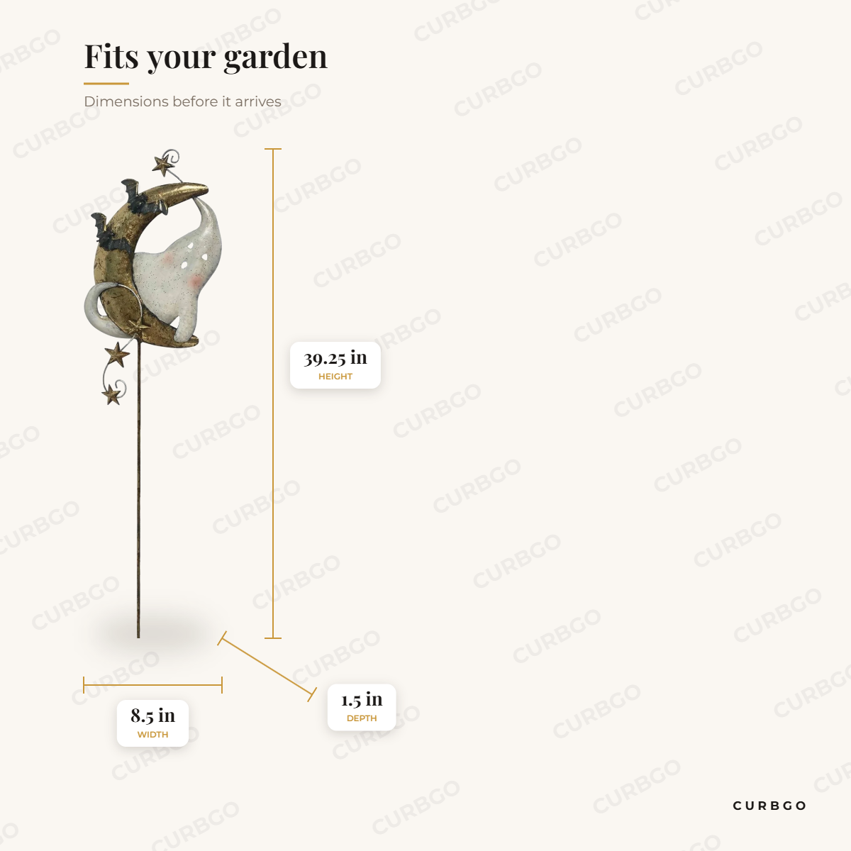 39.25 Tall Metal Ghost on Crescent Moon Halloween Garden Stake Luna Boo dimensions: 39.25 in H x 8.5 in W x 1.5 in D