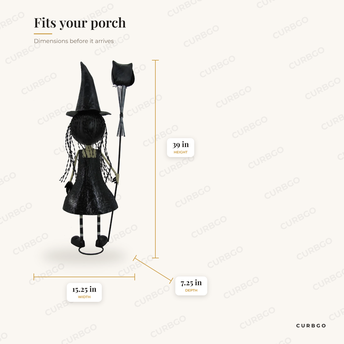 39 Tall Big Eyed Halloween Witch Girl Stephy dimensions: 39 in H x 15.25 in W x 7.25 in D