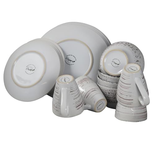 Elama Malibu Sands 16-Piece Embossed Stoneware Dinnerware Set – White Sand Coastal (Service for 4)