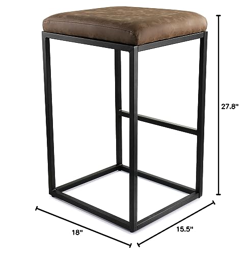 Elama ELM-2102 Faux Leather Bar Chair, Set of 2 - Brown Backless Stool with Black Metal Base