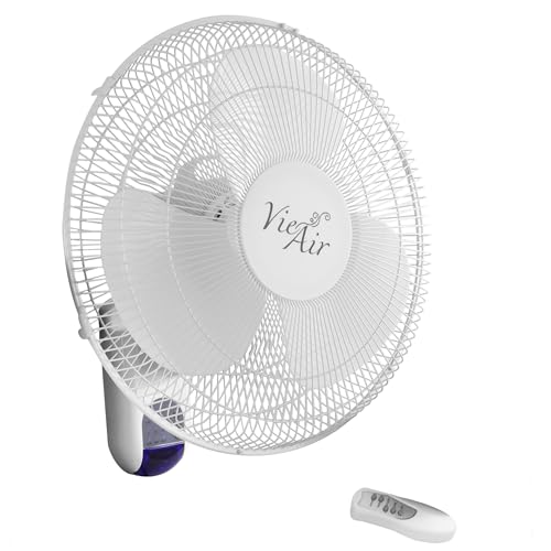 Vie Air VA-16W 16 Inch Plastic Wall Fan with Remote Control, White, 3-Speed Oscillating
