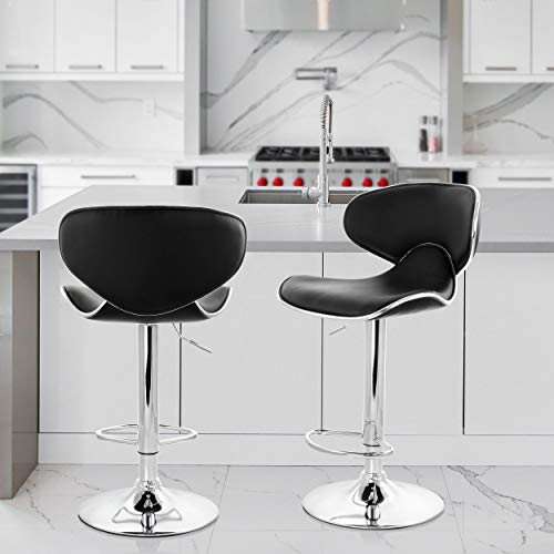 Elama Modern Slim Faux Leather Adjustable Bar Stool Set of 2 – Black with Chrome Swivel Base, Slanted Arm Rests, Contoured Back & 360° Counter / Bar Height Lift