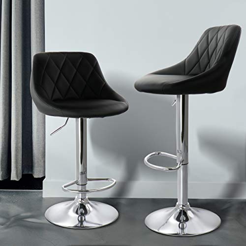 Elama Diamond Stitched Faux Leather Adjustable Bar Stool Set of 2 – Black with Chrome Swivel Base